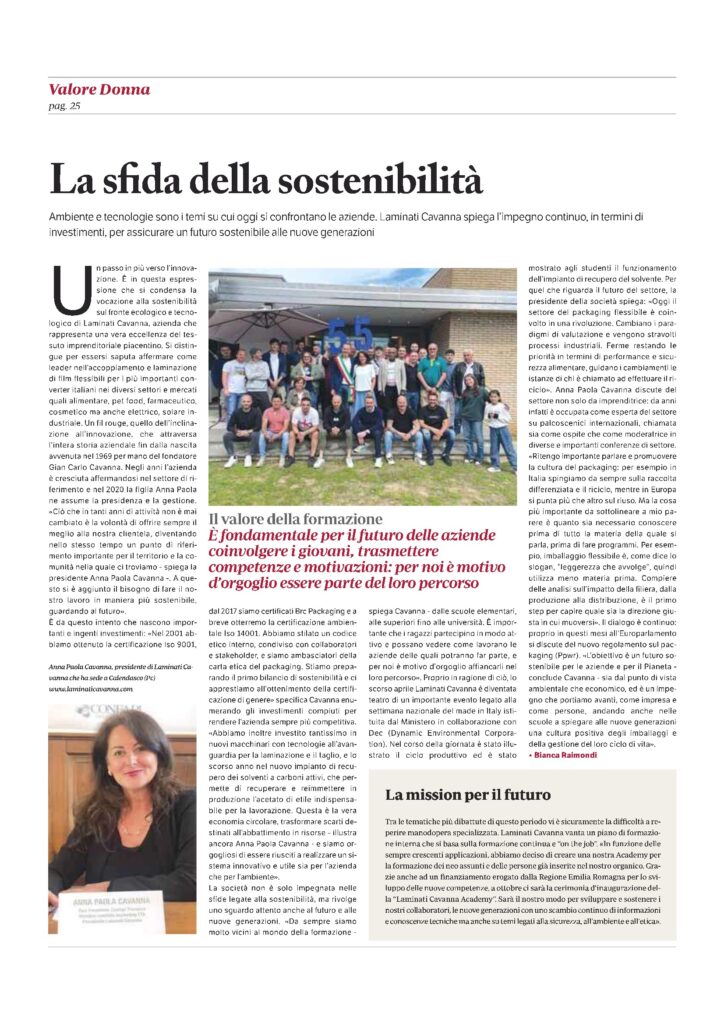 Valore Donna, pagina 25. Sostenibilità in Laminati Cavanna